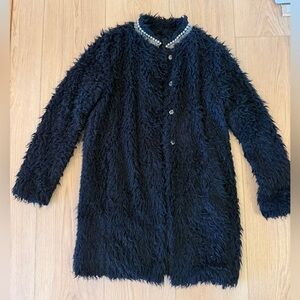 Guess Black Faux Fur Coat with Beaded Collar Detail Size Small